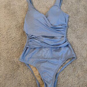 Land's End Slendersuit, Wrap One Piece Swimsuit, Soft Cloud Blue, Size 8
